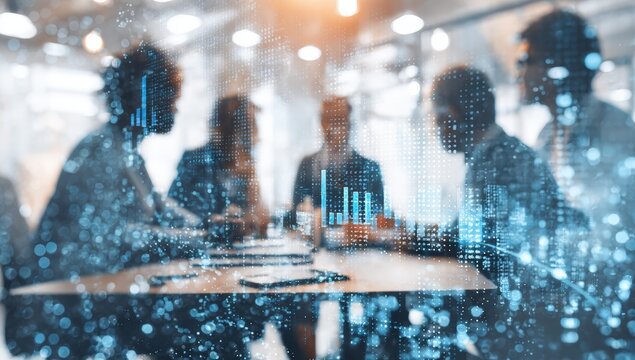 Business meeting blurred figures, overlaid with data graphics - Powered by Adobe