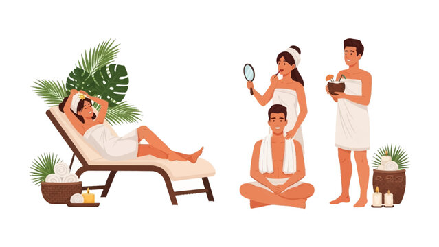 Relaxing spa scene with people enjoying treatments tropical plants and serene ambiance for wellness and self care - Powered by Adobe