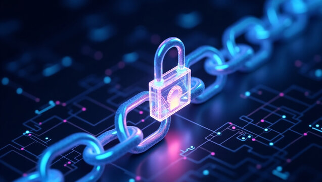 Glowing digital padlock securing a blockchain chain silhouette - Powered by Adobe