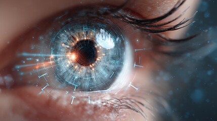 Human eye with futuristic digital overlay representing technology, science, artificial intelligence, and advanced vision capabilities.