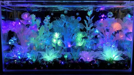 Acrylic aquarium, vibrant illuminated plants
