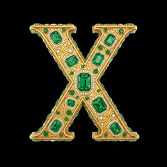 Fototapeta premium Exquisite golden letter X adorned with emeralds and diamonds, showcasing intricate jewelry design.