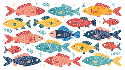 Colorful school of diverse tropical fish swimming together in vibrant aquatic underwater scene with various shapes and sizes