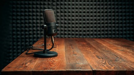 Podcast desk microphone on wooden table with acoustic foam background, moody studio lighting