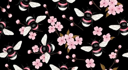 Cute Bumblebees and Pink Cherry Blossoms Pattern