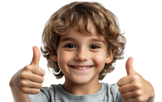 a happy young boy giving a thumbs-up gesture, isolated on a transparent background.