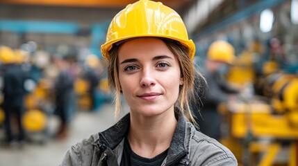 Confident female factory worker wearing yellow hardhat standing in busy manufacturing setting looking at camera smiling professionally