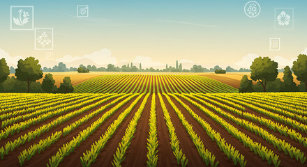 Smart farming technology and innovation in a modern agricultural field with digital icons