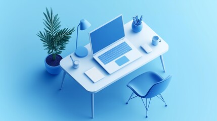 A minimalist isometric 3D render of a clean and organized home office desk setup.

