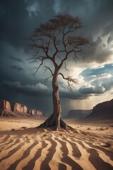 A dramatic vertical landscape photograph of a lone tree standing tall in the middle of a stormy desert its branches bending but not breaking set against a backdrop of turbulent grey skies with thick c