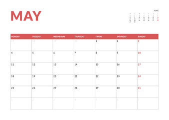 Monthly page Calendar Planner Template design of May 2026. Vector layout of calendar with week start Monday for Scheduling. Page for size A4 or 21x29.7 cm