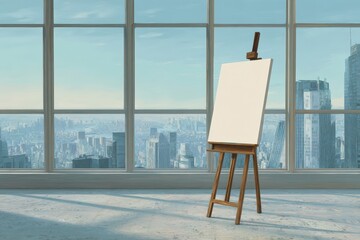 Empty easel in a modern room with city views