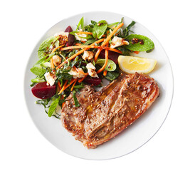 cumin sesame lamb meat with silver beet root salad 