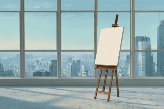 Empty easel in a modern room with city views