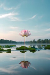 A professional vertical photograph of a serene lake with a single blooming lotus flower in the center its delicate petals and lush green leaves perfectly reflected on the calm water creating a sense o