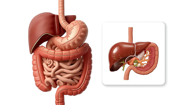 Detailed medical illustration of the human upper digestive system, showing the liver, stomach, pancreas, and intestines with an inset view