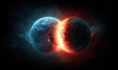 Obraz premium Two planets colliding, one split in two. Fiery destruction in space