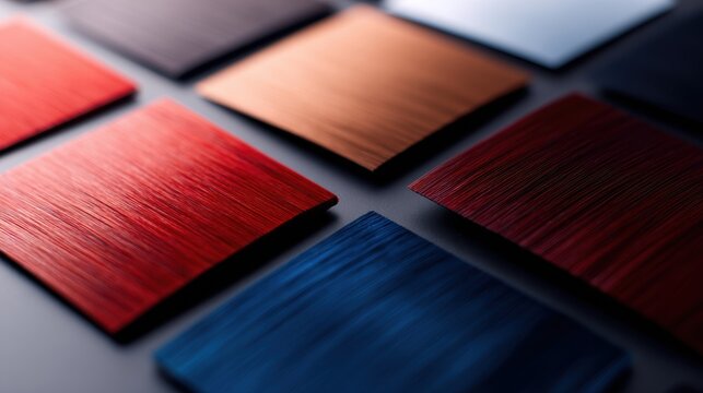 A vibrant collection of textured color swatches showcasing various metallic finishes on a dark surface