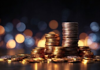 Stacks of golden coins on dark background