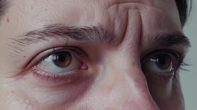 Intense macro video of a mans eyes glancing around thoughtfully and looking focused