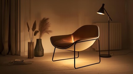 Cozy reading nook featuring a contemporary armchair and warm ambient lighting, creating a tranquil and inviting home interior space