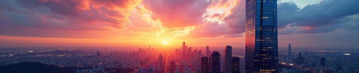Sleek modern skyscraper office building reflecting the city skyline at sunset  Glass facade, urban architecture, corporate headquarters, business district  , building, facade, twilight