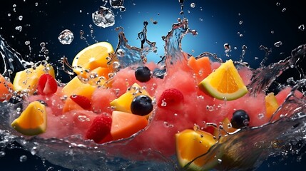 Bright tropical juice explosion with watermelon chunks, blueberries, and mango pulp flying in motion against a pitch-black background, crisp outlines and juicy textures, full frame,