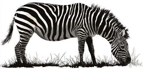 A solitary zebra with distinctive black and white stripes grazes in a field of grass