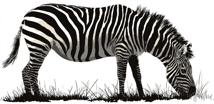 A solitary zebra with distinctive black and white stripes grazes in a field of grass - Powered by Adobe