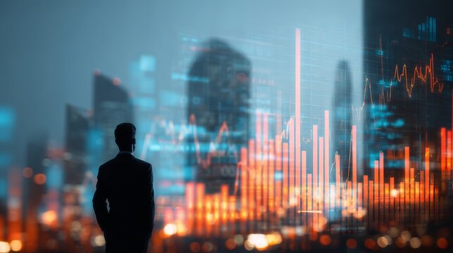 Businessman contemplates financial data against city, showcasing markets, investment strategies, trends, and growth in blurred visualizations.