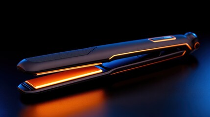 Sleek modern hair straightener with illuminated features on a dark reflective surface, showcasing design elegance