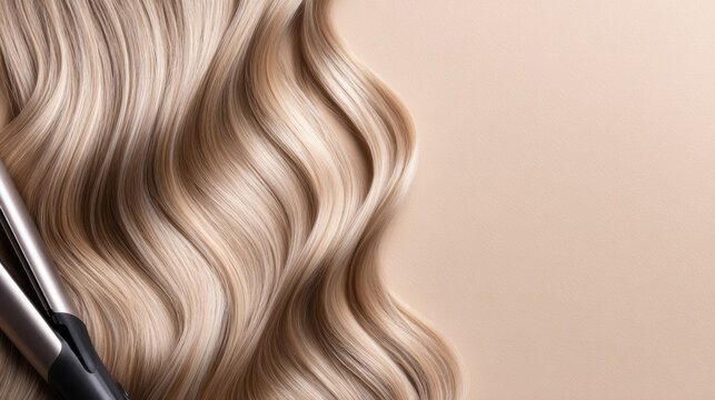 A sleek, wavy blonde hair styled with a curling iron on a smooth beige background, ideal for beauty tutorials