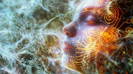 Digital art face profile with light lines