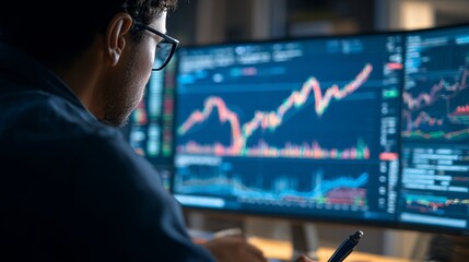 Focused trader analyzes stock charts intently, wearing glasses, trading investments using modern technology with financial success.