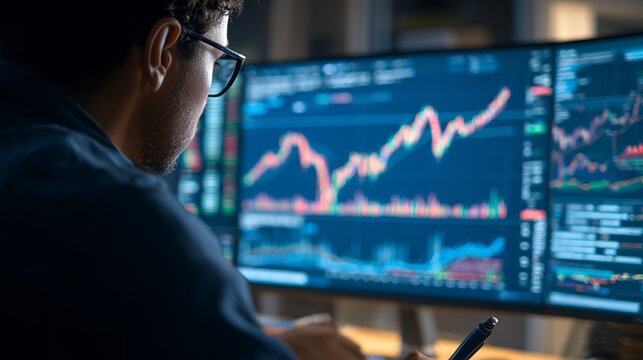 Focused trader analyzes stock charts intently, wearing glasses, trading investments using modern technology with financial success.