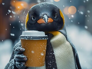 A formally dressed penguin enjoying a warm coffee cup in a snowy winter scene