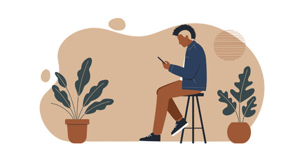Stylish person with a distinctive hairstyle engrossed in their smartphone, sitting comfortably amidst indoor plants. Modern lifestyle and digital communication concept.