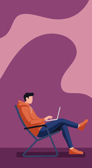 Young man in a hoodie and jeans relaxes in a chair, working or studying on his laptop. Represents remote work, casual computing, and modern lifestyle.