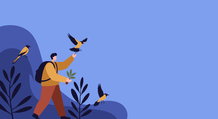 A person hiking with a backpack, holding a plant, surrounded by flying birds and stylized nature, symbolizing environmental care, travel, and sustainable exploration.