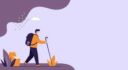 Illustration of a traveler with a backpack and walking stick, exploring a stylized landscape. Represents adventure, hiking, and outdoor lifestyle.