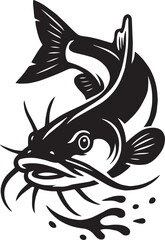 Naklejka premium Black and white illustration of a catfish leaping from water with whiskers jumping