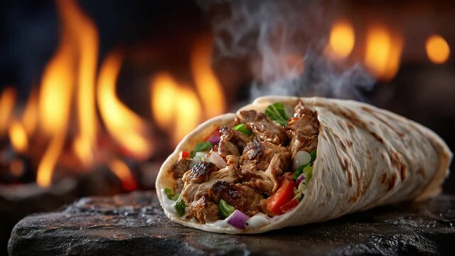 Savor the smoky, charred perfection of a thick shawarma roll with fresh veggies and steaming hot meat by an open flame.