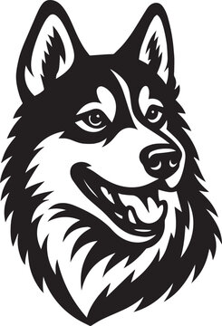 Black and White Illustration of a Happy Husky Dog's Face with Open Mouth animal canine