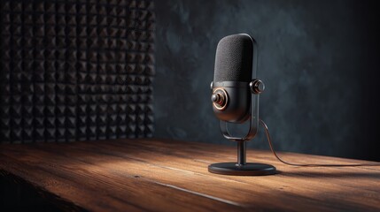 Podcast desk microphone on wooden table with acoustic foam and textured wall, moody studio lighting