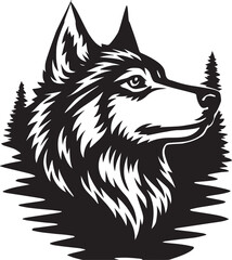 Fototapeta premium Black and White Stylized Illustration of a Wolf's Head in a Forest Silhouette Keywords: wolf, wolf head, animal, wildlife, forest, trees, pine trees, silhouette, black and white, illustration