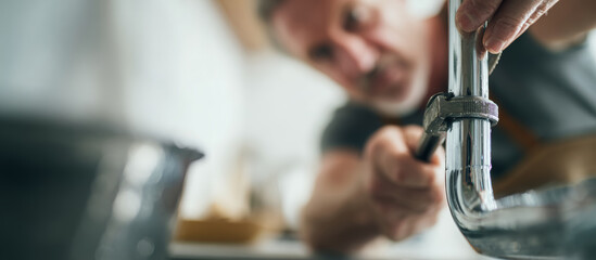 Professional plumber working under kitchen sink, tightening pipe connection using adjustable wrench, performing precision home plumbing repair and maintenance