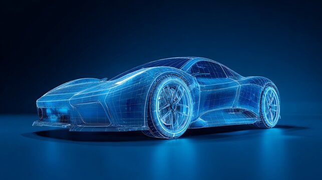 Futuristic blue sports car wireframe showcasing advanced automotive technology and innovative design concepts for autonomous driving.