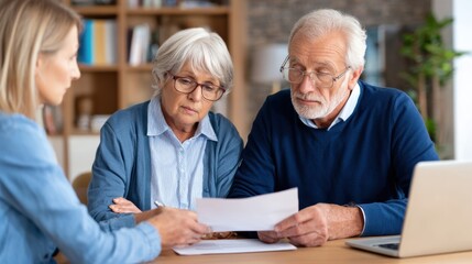 Elderly couple reviewing important documents with a consultant in a cozy office setting