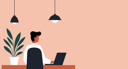 Illustration of a person working remotely on a laptop at a desk with a plant. Represents home office, productivity, and modern work life.