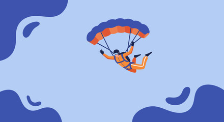 Person skydiving with an orange and blue parachute against a clear blue sky. Represents adventure, freedom, and extreme sports for travel and lifestyle content.